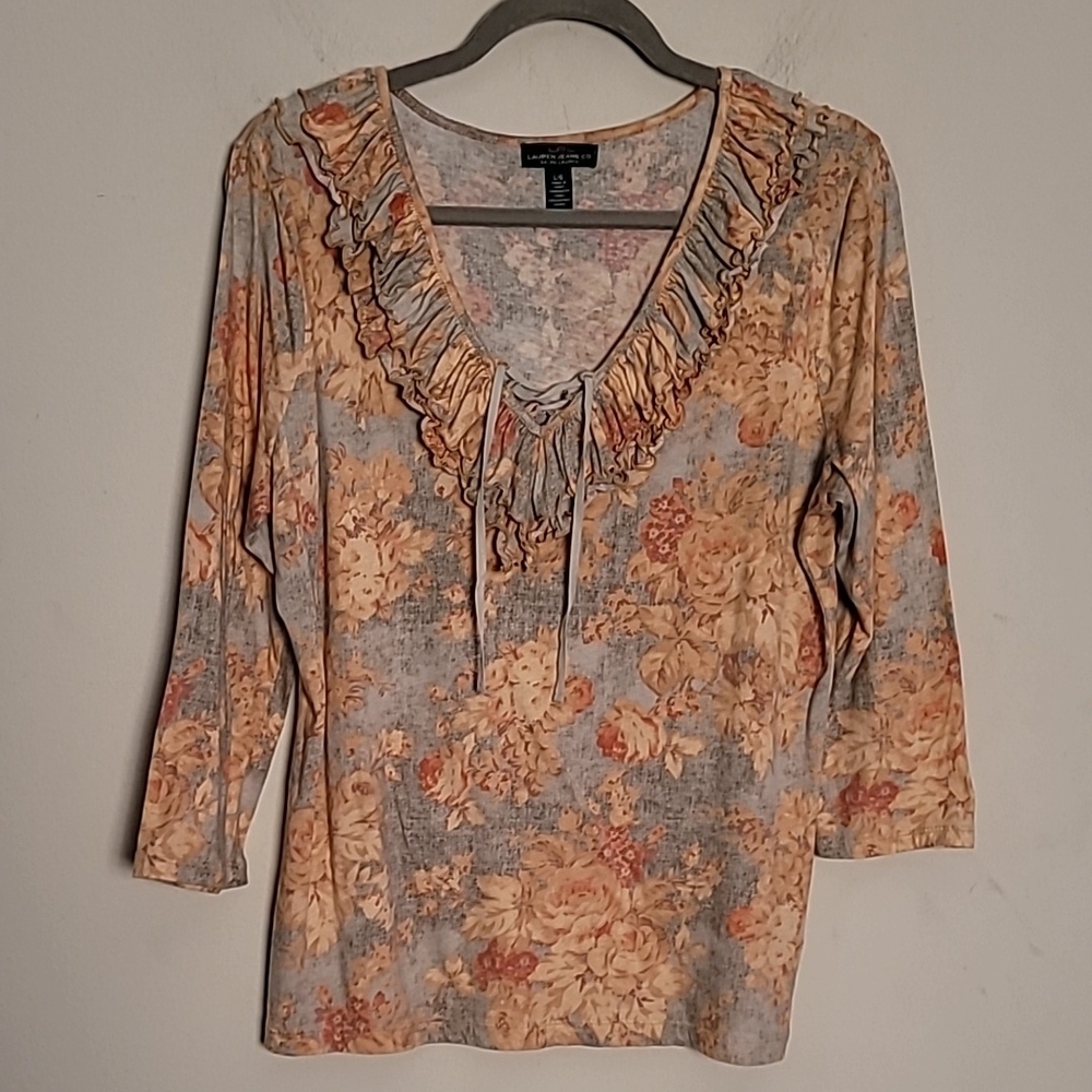 Lauren Jeans Floral Cotton Ruffled Top Sz L Bohemian Bloomcore Boho